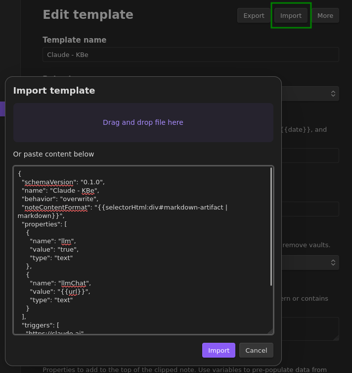 Screenshot that shows importing the template