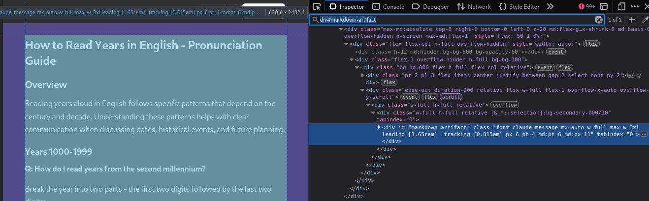 Checking <code>div#markdown-artifact</code> selector in the browser&rsquo;s Inspector
