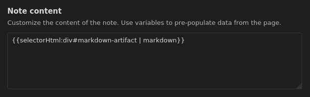 Note content set to <code>{{selectorHtml:div#markdown-artifact | markdown}}</code> in the template