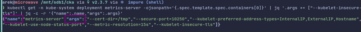 JSON object with only name and args for container